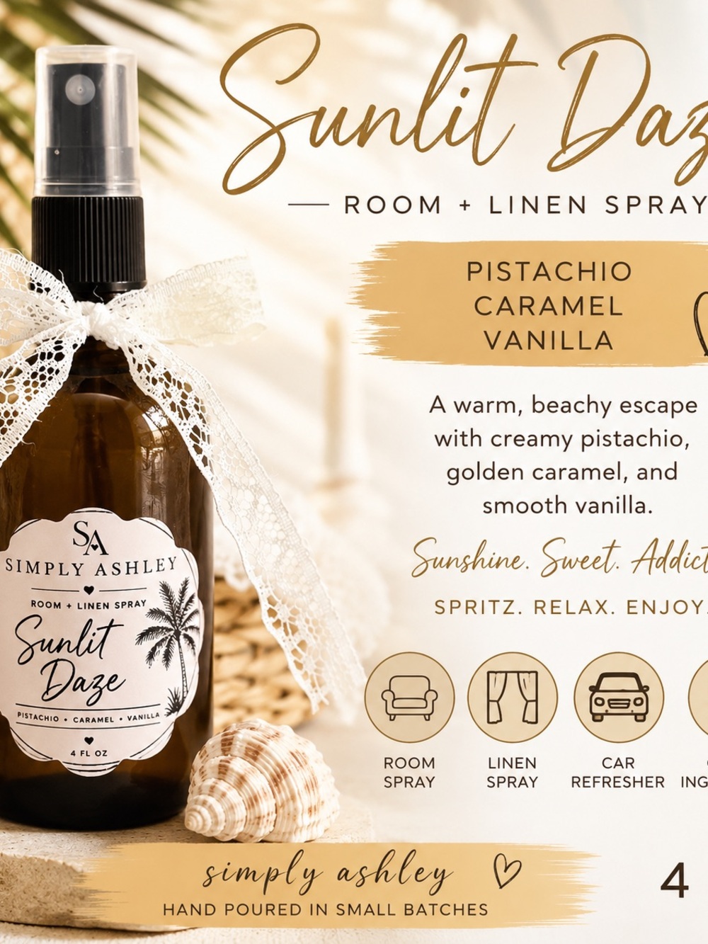 Simply Ashley Sunlit Daze Room & Linen Spray — Pistachio Caramel Vanilla (Amber)